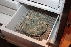 After 1 month, in its fridge 'cave'. On a cheese mat, atop a piece of wood, over a pool of water in the salad crisper.