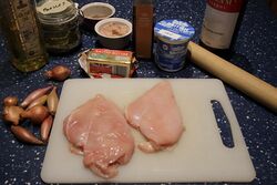The basic ingredients for Chicken and shallots in cream sherry and sherry vinegar