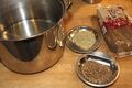 Ingredients for the next step: Cold water to cover, 2 tablespoons coriander seeds, 2 tablespoons fennel seeds, 1 kg brown sugar