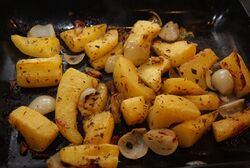 Squash, onions and garlic - part-roasted