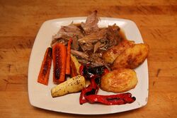 Served with roast potatoes and roasted vegetables that were cooked in a conventional oven