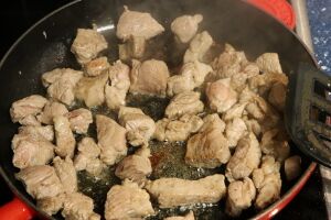 Frying off the pork shoulder cubes, (half recipe quantity)