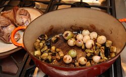 Shallots and aubergines browned