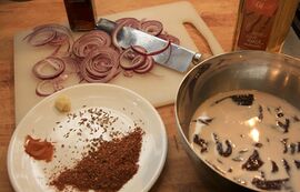 The ingredients: the liver is soaking in milk to make it milder tasting