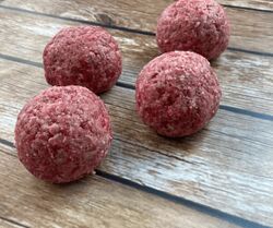 Bramblebee Farms Grass-Fed Angus Meatballs, 4oz each! I cut each one into four; four are plenty for one person